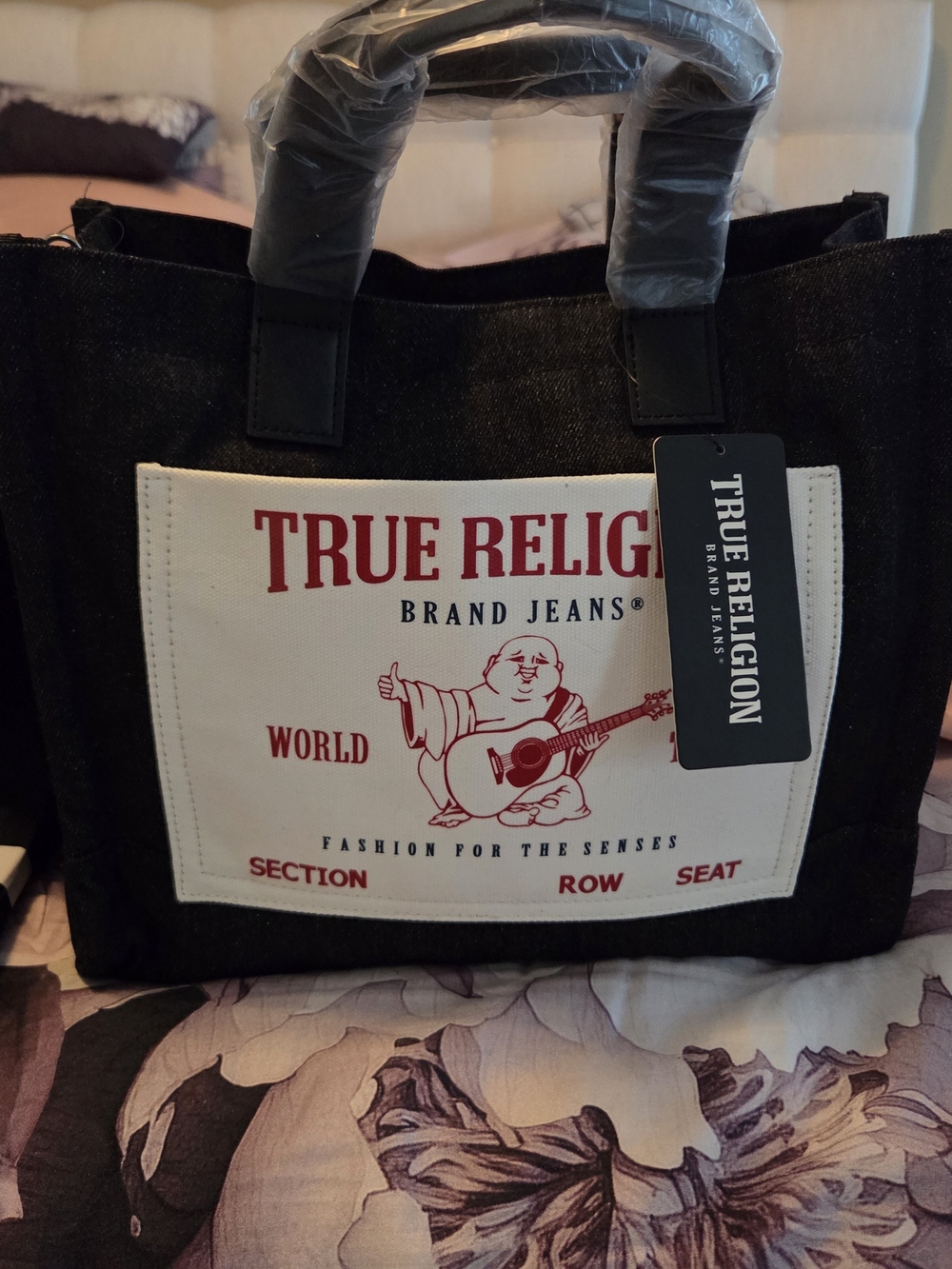True Religion Black Canvas Tote Bag with White/Red Logo
